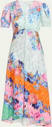 Saloni Lea Floral Silk Jacquard Button-Front Midi Dress