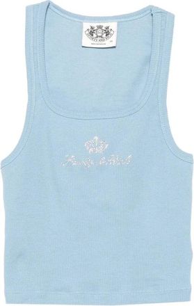 Sporty & Rich Tops, Dames, Blauw, S, Rhinestone Logo Ribbed Crop Top