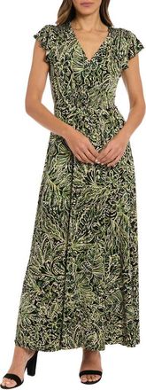 London Times Flutter Sleeve Smocked A-Line Maxi Dress in Black/Green at Nordstrom Rack, Size 10