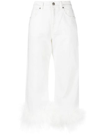 P.A.R.O.S.H. feather-trim stretch-cotton jeans - women - Turkey Feather/Cotton/Spandex/Elastane - L - White