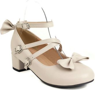 Generic Womens Low Block Heel Mary Jane Shoes Cross Ankle Strap Pumps Daily Party Heels,Beige,7.5 UK