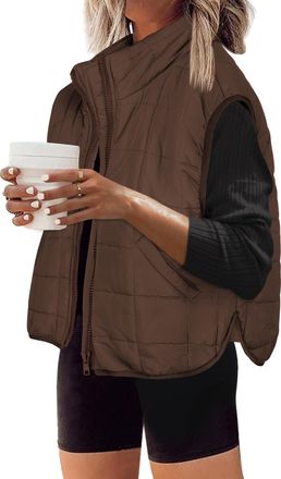 Zeagoo Womens Short Quilted Vest Sleeveless Transition Jacket Autumn Lightweight Gilet Vests Warm Winter Jacket with Pockets, brown, M