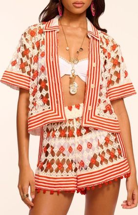 Ramy Brook Betty Crop Open Stitch Cover-Up Shirt in Flame/Sandstone Crochet at Nordstrom, Size Xx-Small
