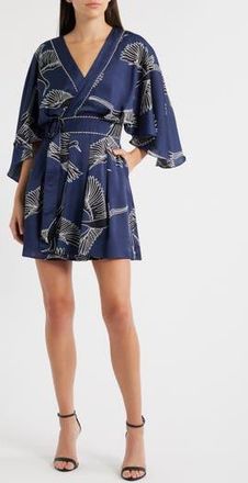 Ciebon Avaele Long Sleeve Satin Wrap Dress in Navy Multi at Nordstrom Rack, Size X-Small
