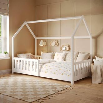 Flair Explorer Wooden Playhouse Bed with Rails in White | Size: Single