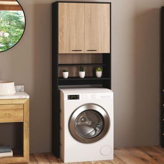 IDMarket Estanter&iacute;a Para Lavadora Y Wc Wallis En Madera De Haya Y Negro