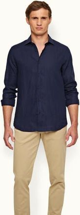 Orlebar Brown Giles Linen Cutaway Collar Tailored Fit Linen Shirt in Navy at Nordstrom, Size Xxx-Large
