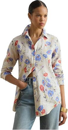 Lauren Ralph Lauren Petite Relaxed Fit Floral Linen Shirt Womens Clothing Cream : PXS