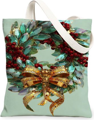 Generic Christmas Wreath Canvas Tote Bags, Holiday Leaf Design Reusable Grocery Bags, Vintage Lightweight Washable Shoulder Strap Canvas for Travel 13x15 Inch