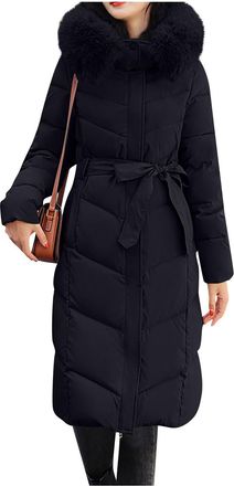 Generic Winter Coats for Women UK Extra Long Puffer Jackets with Hood and Faux Fur Collar Padded Jackets with Belt Outercoat with Pockets Thick Windproof Park