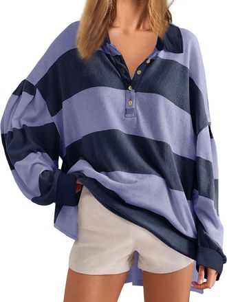 Generic Women Long Sleeve Striped Shirt Oversized Collar Y2k Pullover T Shirt Casual Loose Streetwear Rugby Sweatshirt Trendy Comfy Sweatshirt Golf Pullovers