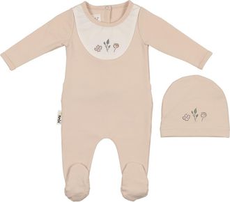 Maniere Embroidered Footie & Hat Set in Biscuit at Nordstrom, Size Newborn
