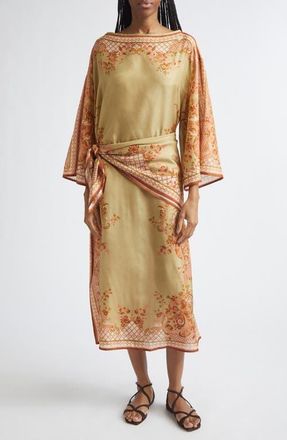 Zimmermann Aster Paisley Print Long Sleeve Tie Waist Silk Midi Dress in Sage Paisley Floral at Nordstrom, Size 0P