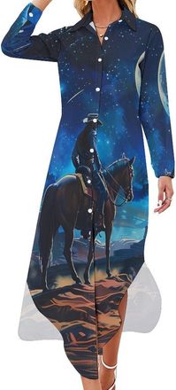 Generic Desert Night Denim Boy Womens Casual Dress Maxi Shirt Dresses Long Sleeves Sleeve Button Down 6XL