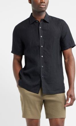 Nordstrom Short Sleeve Linen Button-Up Shirt in Black at Nordstrom, Size Medium