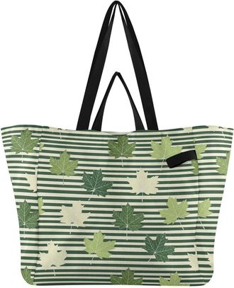 Generic Fall Leaves Stripes Beige print Reusable Canvas Tote Bag, Heavy Duty Grocery Shopping Bag with Large Capacity Double Handles Hard Bottom Work Grocerie