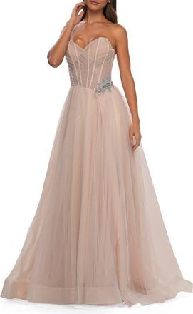 La Femme Strapless A-line Tulle Dress with Floral Waist Detail in Blush at Nordstrom, Size 00