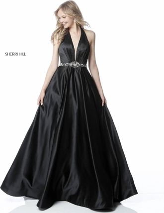 Sherri Hill Beaded Waist Halter Ball Gown In Black