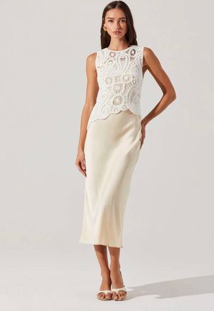 Astr Martina Crochet-Layered Satin Dress In White Champagne