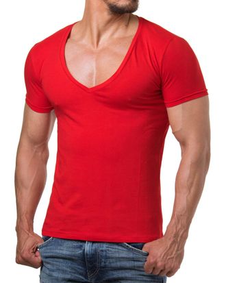 ReRock RR-1315 for Young & Rich 1315 Mens T-Shirt with Deep V-Neck Plain Fitness T-Shirt S to 3XL, red, L