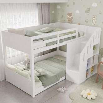 Merax White 3ft Single Staircase Bunk Bed Frame with 6-Cube Storage Shelves