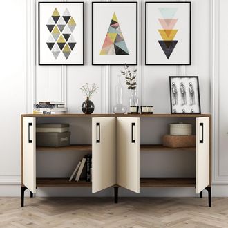 Dmora Aparador Sinopoli, Encimera 2 Estantes, 4 Puertas, 4 Compartimentos, 160x35x78h Cm Blanco Crema