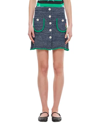 Cormio Textured A-Line Miniskirt with Floral Embroidery and Green Hem Detail