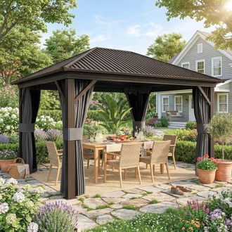 OUTSUNNY 3.6 x 3(m) Metal Garden Hardtop Gazebo with Screened Curtain Dark Grey