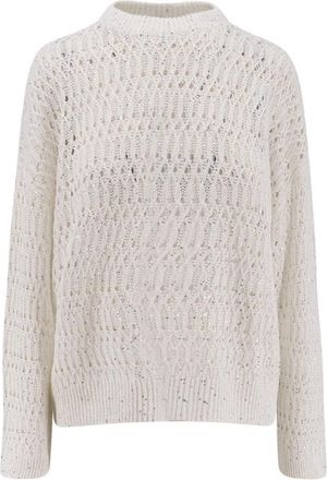 Brunello Cucinelli Crew Neck Sequin Knit - Dames - Ronde hals truien - Wit - M - Nylon - Truien & Vesten
