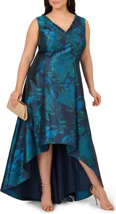 Adrianna Papell Floral Jacquard High-Low Fit & Flare Cocktail Dress in Cobalt Multi at Nordstrom, Size 14W