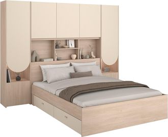 Vente-Unique Cama puente 140 x 190 cm con almacenamiento - Con LEDs - Colores: Beige y natural - DOMELITO