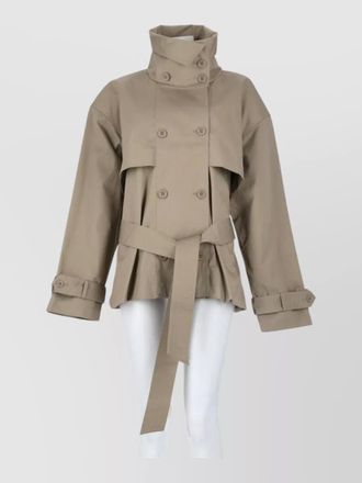 Rotate jacket belted waist buttoned cuffs high collar