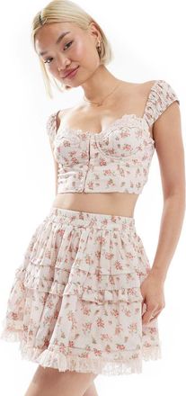 Love Triangle lace trim corset crop top in pink floral - part of a set-Multi