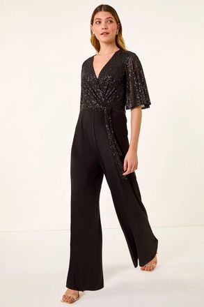 Roman Sequin Flutter Sleeve Stretch Jumpsuit