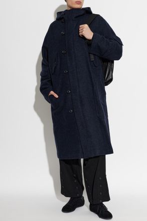 Yohji Yamamoto Wool Coat With Hood, Mens, Navy Blue