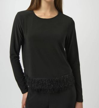 Joseph Ribkoff Silky Knit Top With Novelty Fringe Hem In Black