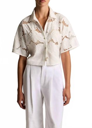 Vince Lace Cropped Short-Sleeve Shirt In Off White