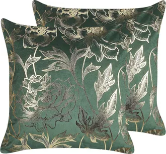 Beliani Set Di 2 Cuscini Decorativi In Velluto Con Stampa Floreale 45 X 45 Cm Verde Daffodil