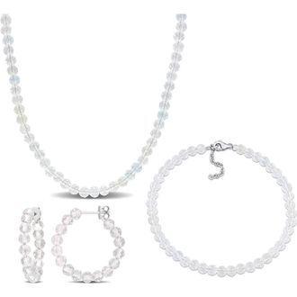 Delmar Beaded White Topaz Hoop Earrings, Bracelet & Necklace Set in Silver at Nordstrom Rack