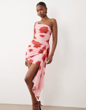 Forever New Vestito corto asimmetrico in rete rosa e rosso a fiori
