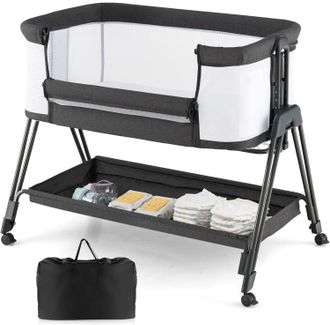 Costway Costway Lettino Per Neonati, Culla Portatile Pieghevole Con Ripiano Portaoggetti, 7 Altezze Regolabili, Materasso E Borsa Per Trasporto (grigio Scuro)