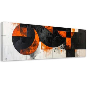 Feeby Cuadro En Lienzo, Abstracci&oacute;n C&iacute;rculos Formas Negro Naranja, 120x40