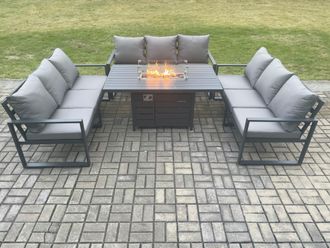 Fimous Aluminium 9 Seater Garden Furniture Outdoor Set Patio Lounge Sofa Gas Fire Pit Dining Table Set Dark Grey