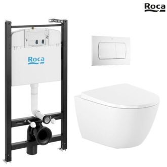 Roca Roca - Bastidor Active Pack Cisterna Empotrada Y Pulsador Pvc Blanco Brillo Con Inodoro Suspendido Rimless Ona Blanco