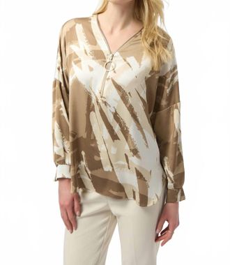 Joseph Ribkoff Abstract Zip V-Neck Satin Top In Beige/off-White