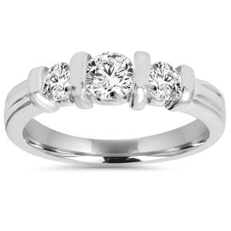 Pompeii3 1 Cttw 3-Stone Natural Diamond Engagement Ring Bar Set 10K White Gold Band Size Selectable
