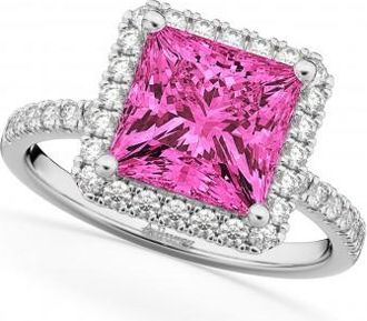 Allurez Princess Cut Halo Pink Tourmaline & Diamond Engagement Ring 14K White Gold 3.47ct