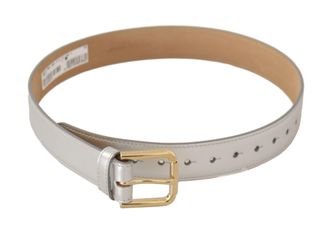 Dolce & Gabbana Womens Silver Leather Gold Tone Logo Metal Buckle Belt - One Size