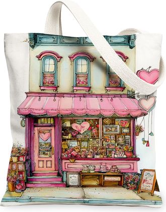 Generic Vintage Floral Canvas Tote Bags, Artistic Heart Shop Design Reusable Grocery Bags, Summer Lightweight Washable Shoulder Str, White, 13x15 Inch