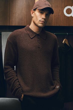 Alo | Textured Knit Long Sleeve Polo Top in Brownstone, Size: Medium